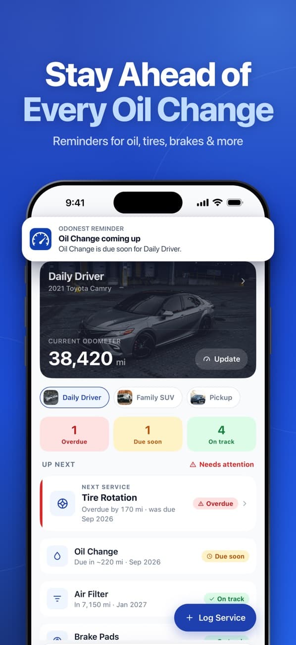 OdoNest: garage home for a 2021 Toyota Camry with overdue, due soon and on track counts
