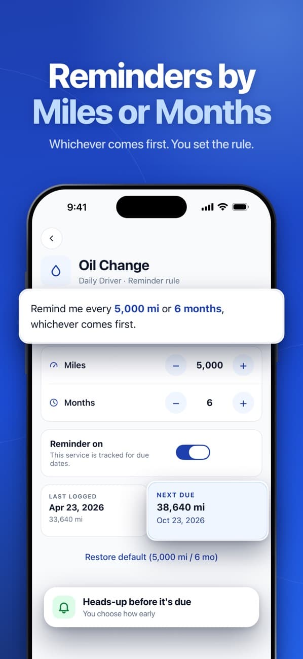 OdoNest: oil change reminder rule set to every 5,000 miles or 6 months