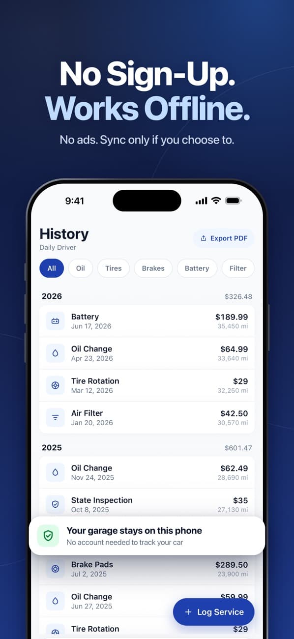 OdoNest: service history grouped by year with an Export PDF button