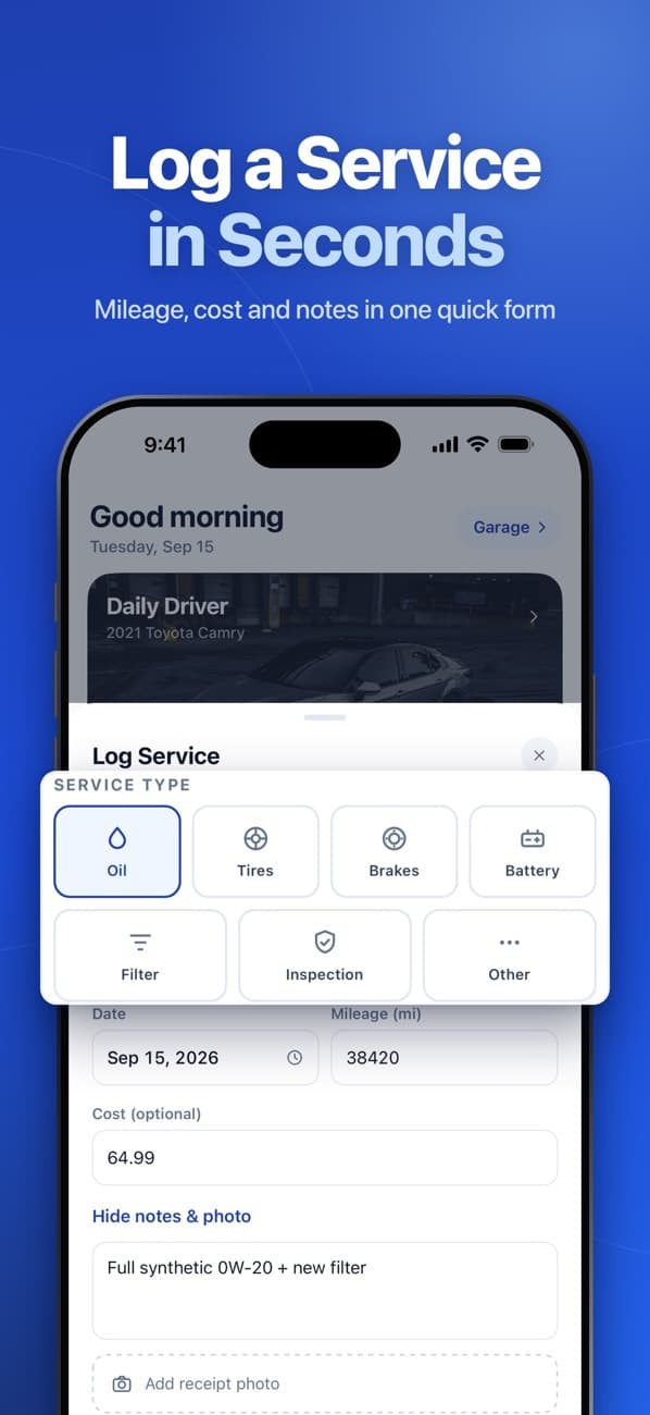 OdoNest: log service sheet with service type tiles, date, mileage and cost fields