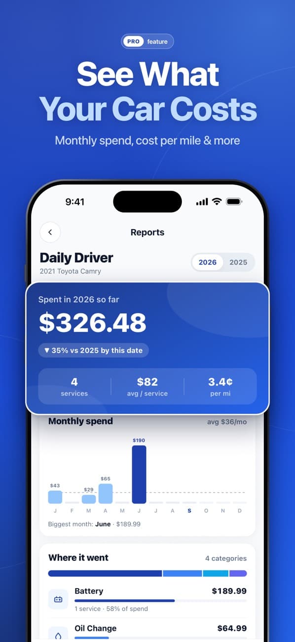 OdoNest: Pro spending report showing $326.48 spent in 2026 with a monthly chart