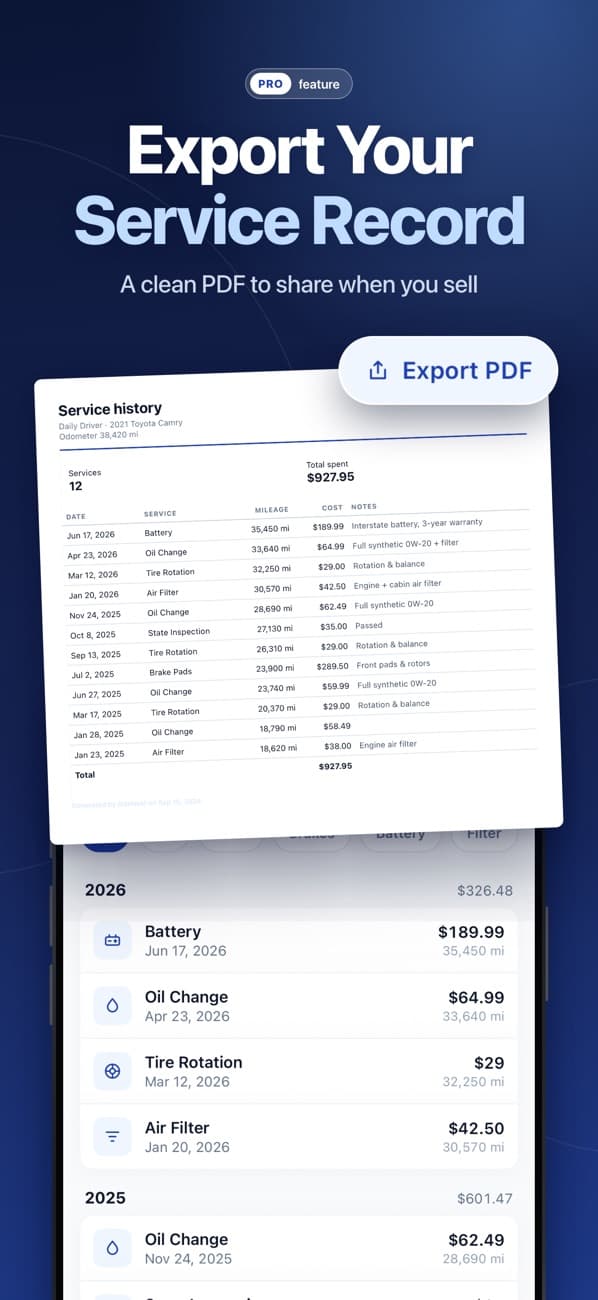 OdoNest: Pro service history PDF export with a table of past services