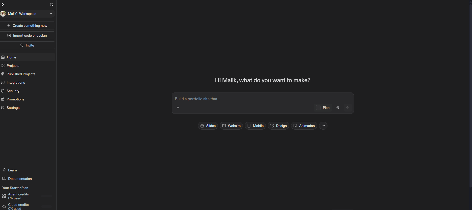 Replit Agent start screen asking what to make, with Slides, Website, Mobile, Design, and Animation options